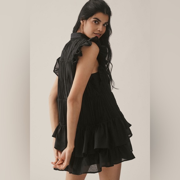 Anthropologie sleeveless ruffle tiered collared black mini shirt dress small NWT - Picture 3 of 12